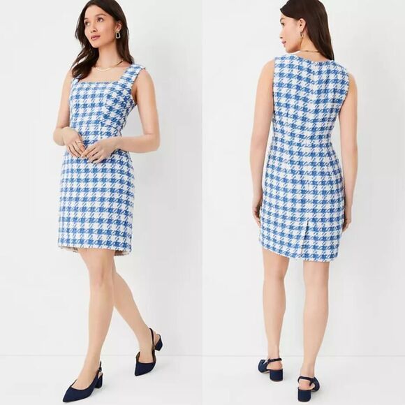 Ann taylor Blue Tweed Square Neck Shift Dress 4 NWT - Picture 1 of 10